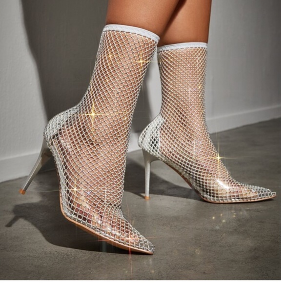 CUCCOO Trending Rhinestone Decor Hollow Out Stiletto Heeled Sandal Boots - Picture 3 of 6